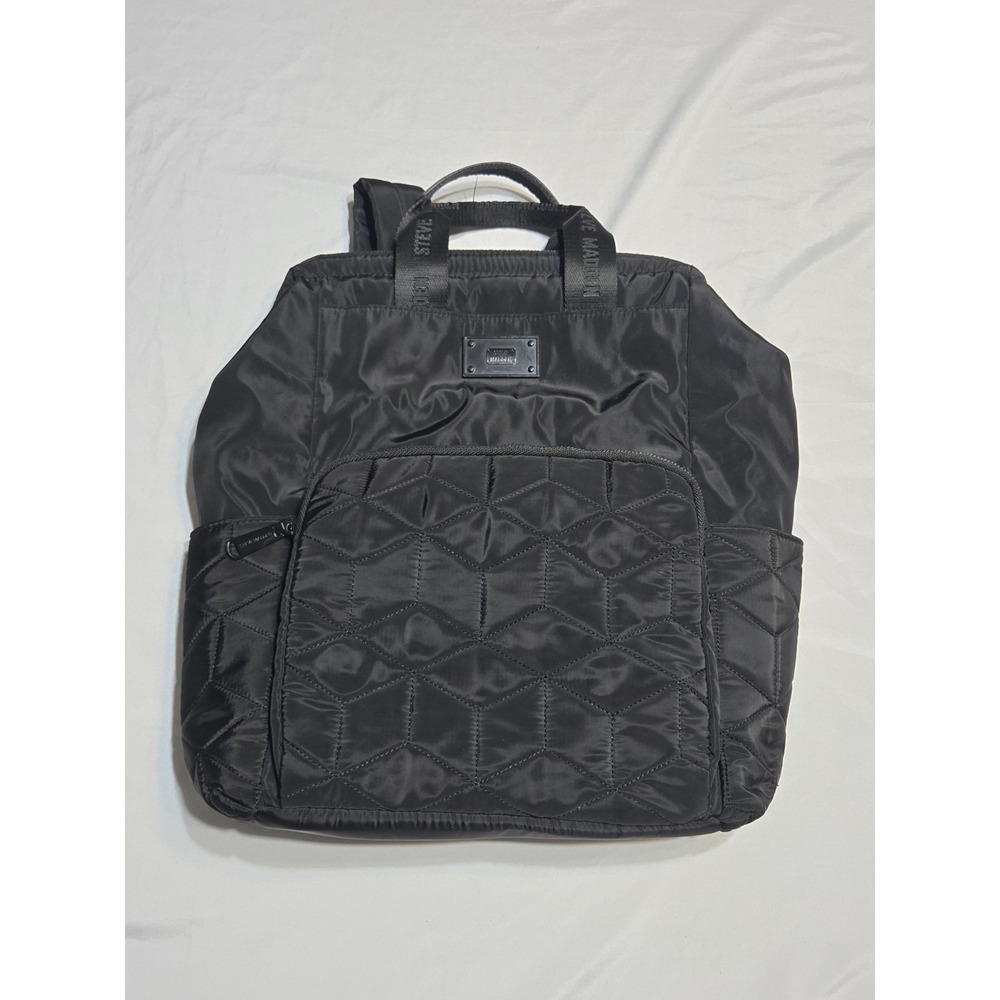 Steve Madden Quilted Backpack Black‎ Square Rucksack Lg Zip Pockets Logo School
